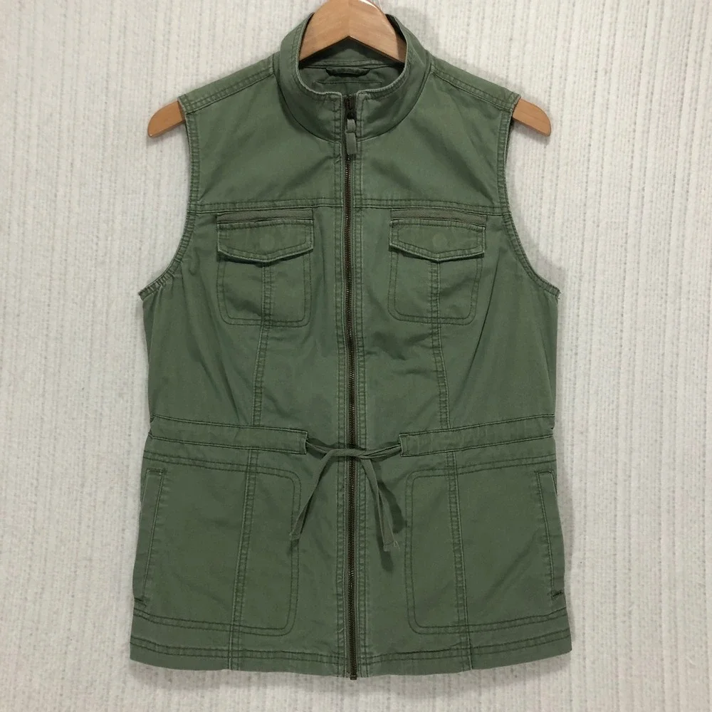 Merona Womens Utility Field‎ Vest Olive Green Cotton Zip Up Drawstring Size M